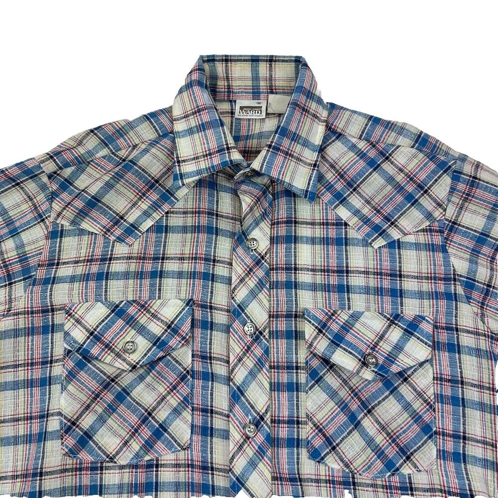 Vintage 70’s Montgomery Ward Button Up Shirt Mens M Plaid Long Sleeve Paper Tag